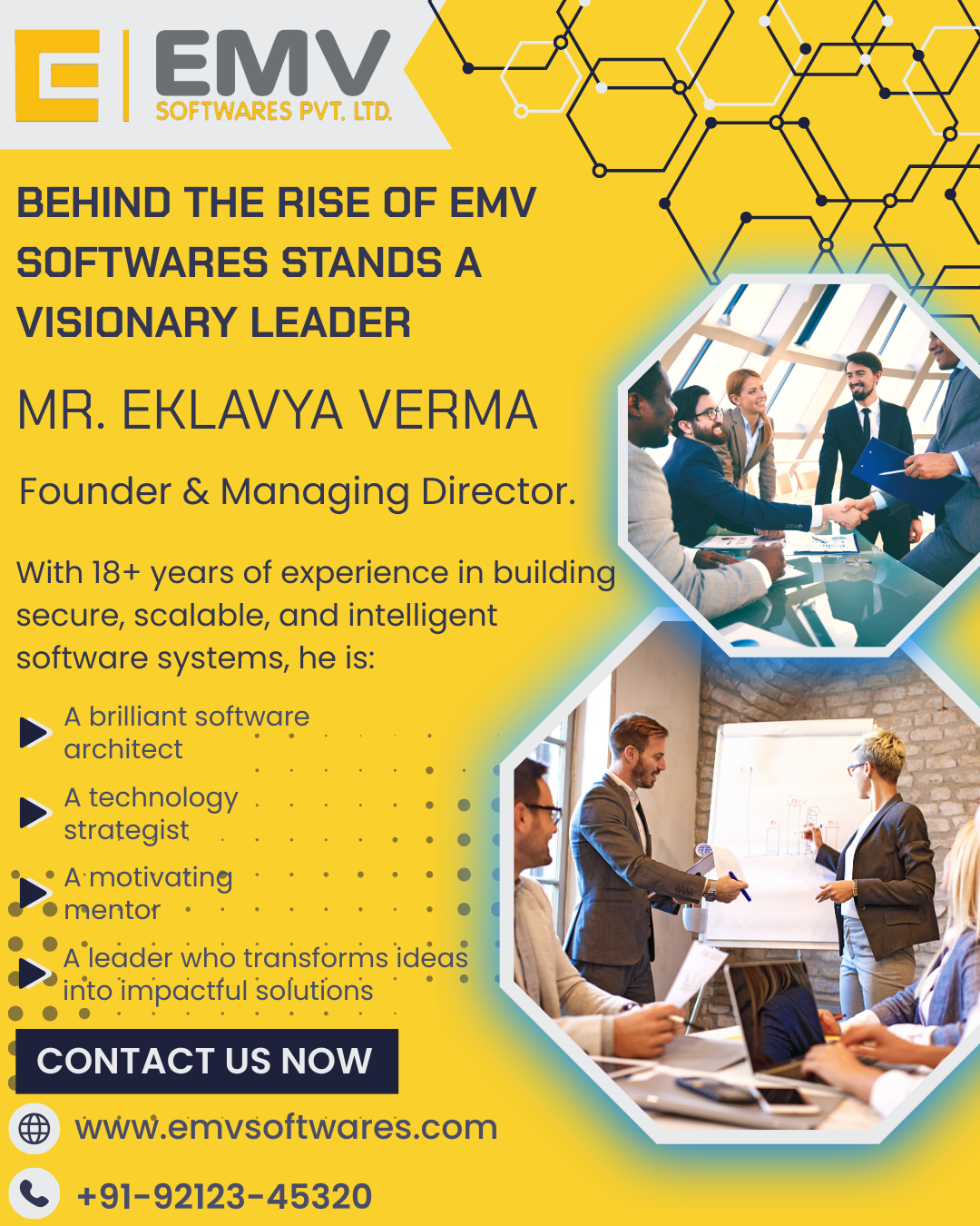 A professional portrait of Mr Eklavya Verma, Founder Director and Chairman of EMV Softwares Pvt. Ltd., symbolising experience and leadership.